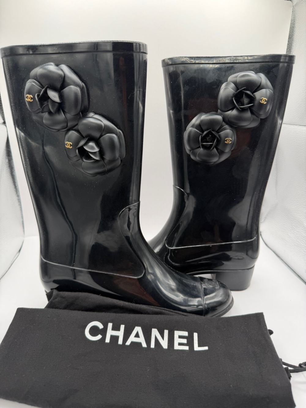 CHANEL Black Camellia Gold CC Embellished Black Rubber Rain Boots Size 39